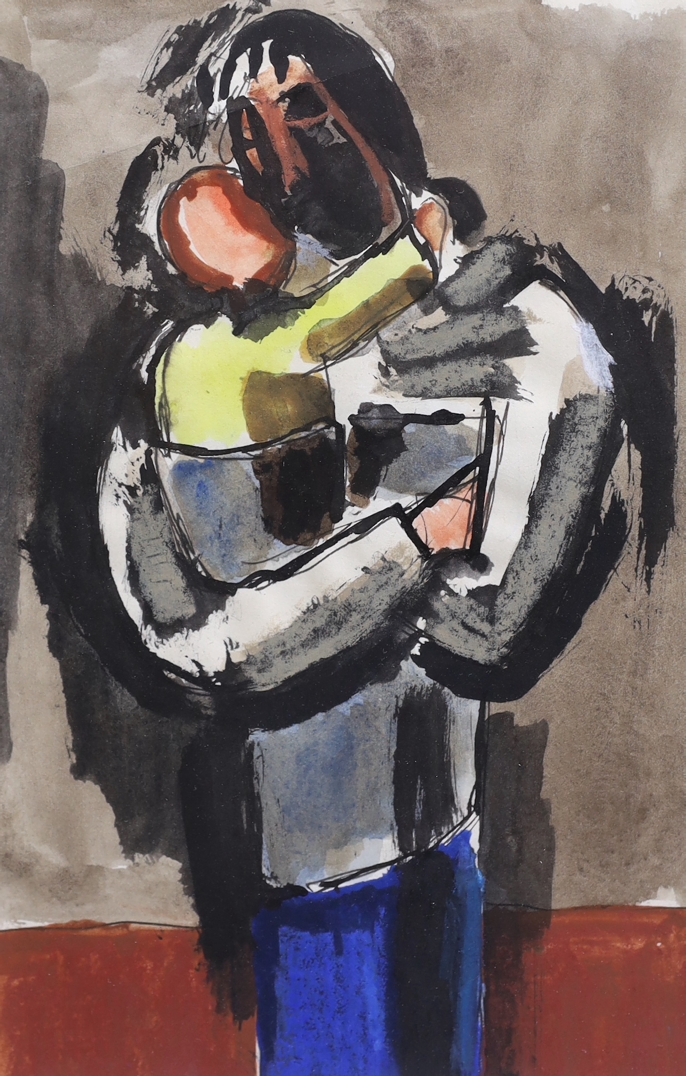 Josef Herman OBE RA (Polish/British, 1911-2000), 'Mother and child', mixed media, 22 x 14cm